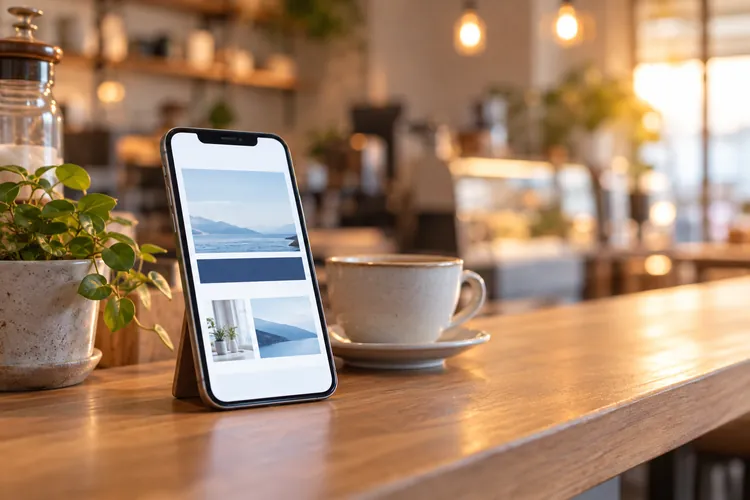 お店のカウンターに、スマホとコーヒーカップが置かれている