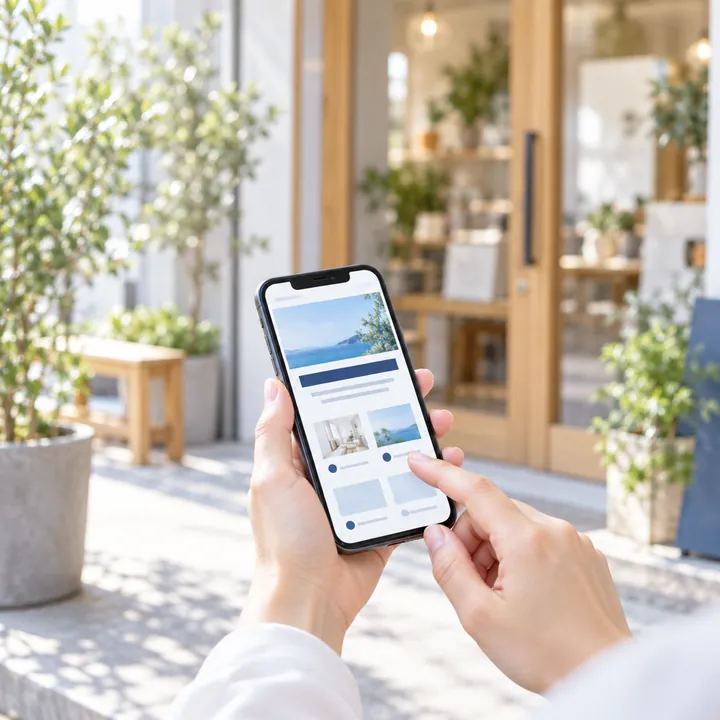 お店の入口の前で、スマホに表示したホームページを確認している手元