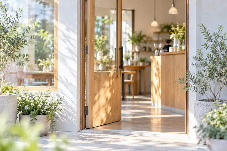 朝の光が差す小さなお店の入口。木の扉が少し開き、店内の明かりと植物が見えている